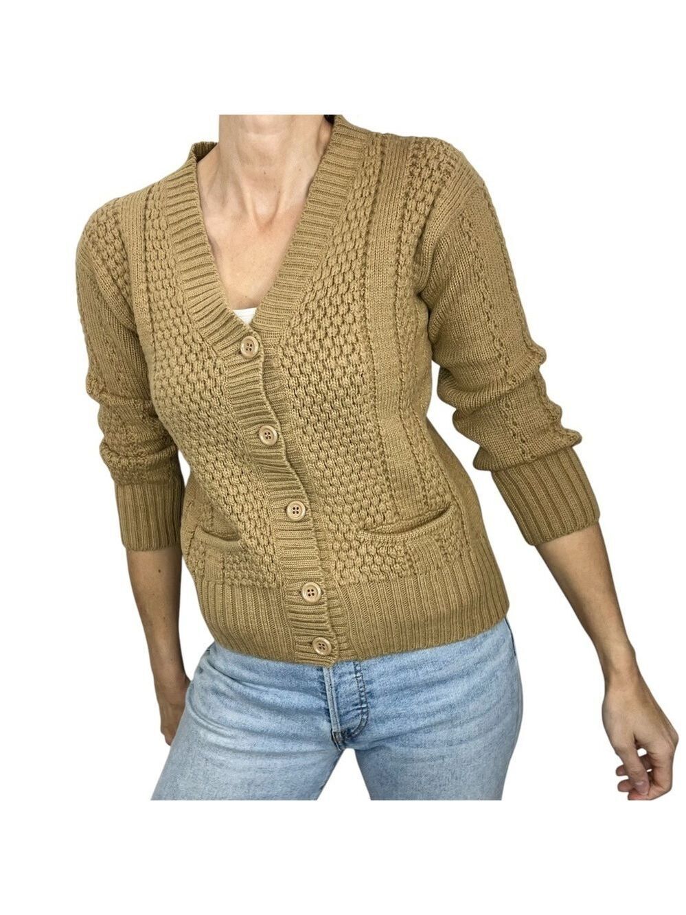 Vintage Jousse Paris Italian made wool blend tan fitted cardigan sweater